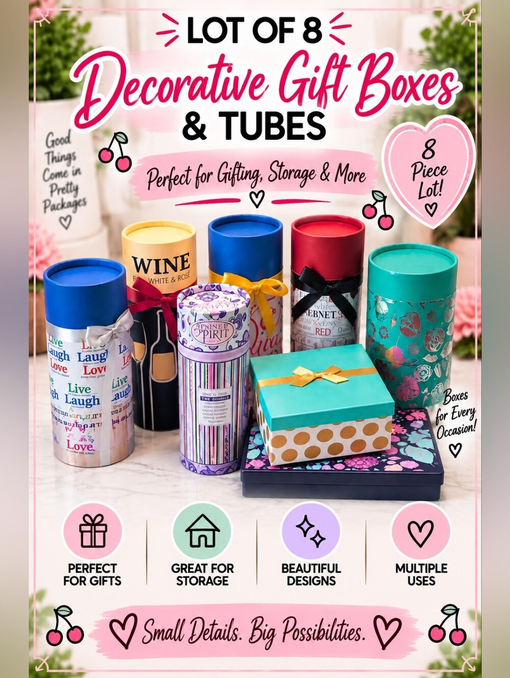 Lot of 8 Decorative Gift Boxes & Tubes — Assorted Colors